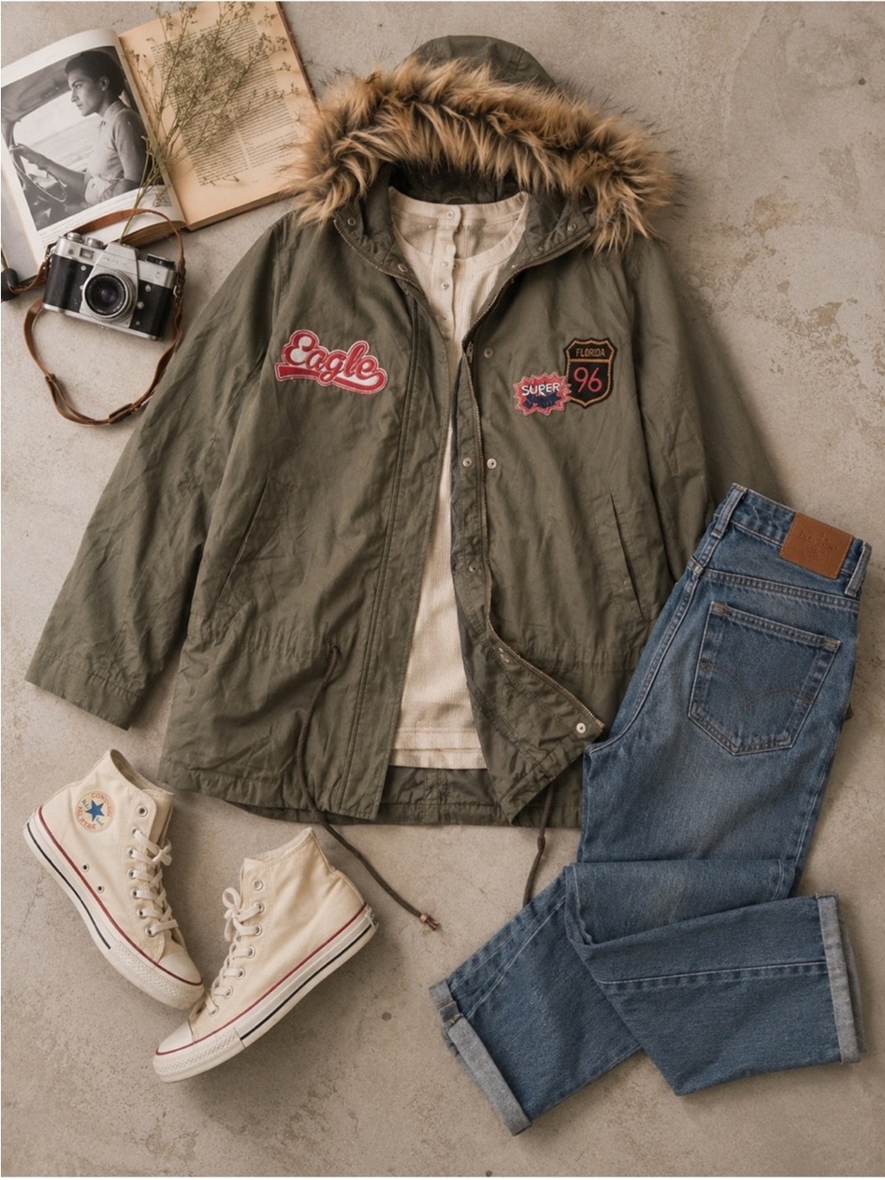 Flying Tomato Army Faux Fur Hood Parka Jacket Coat